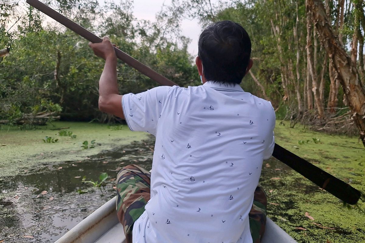 Rowing boat in a coconut canal in the Mekong Delta