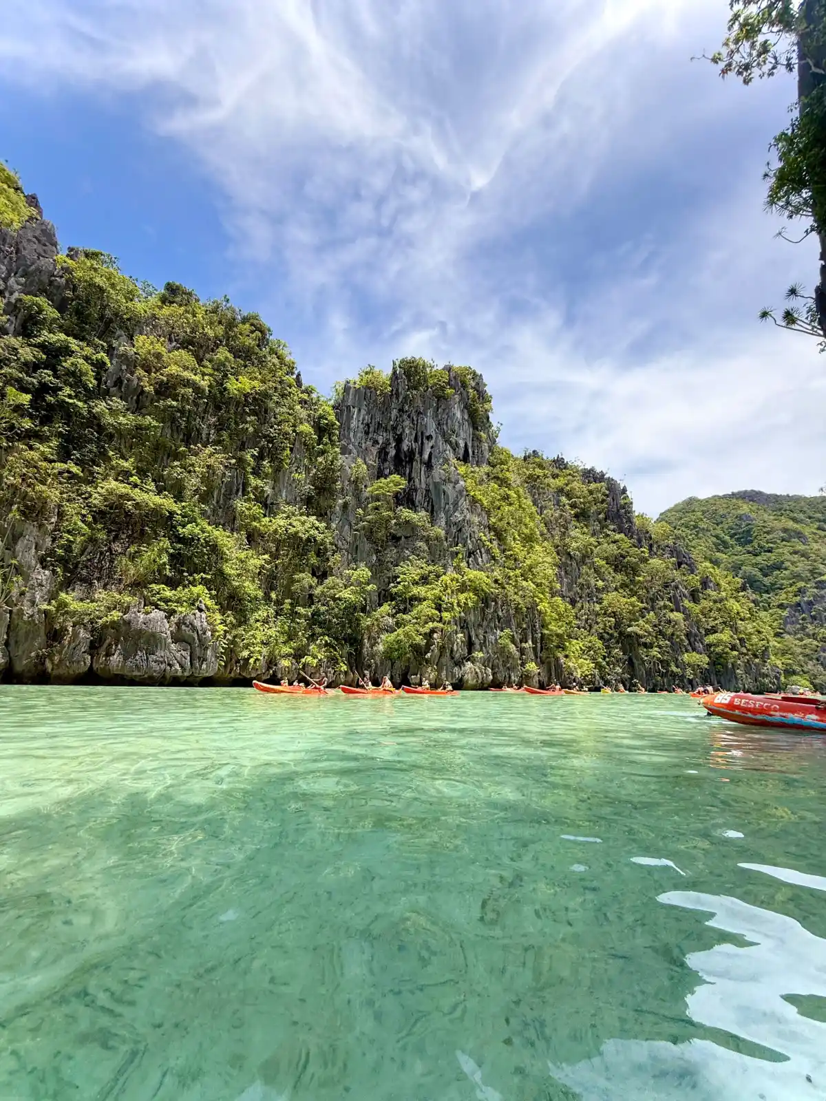 Hàng thuyền kayak đỏ chèo trong lagoon giữa vách đá vôi phủ cây, nước xanh trong